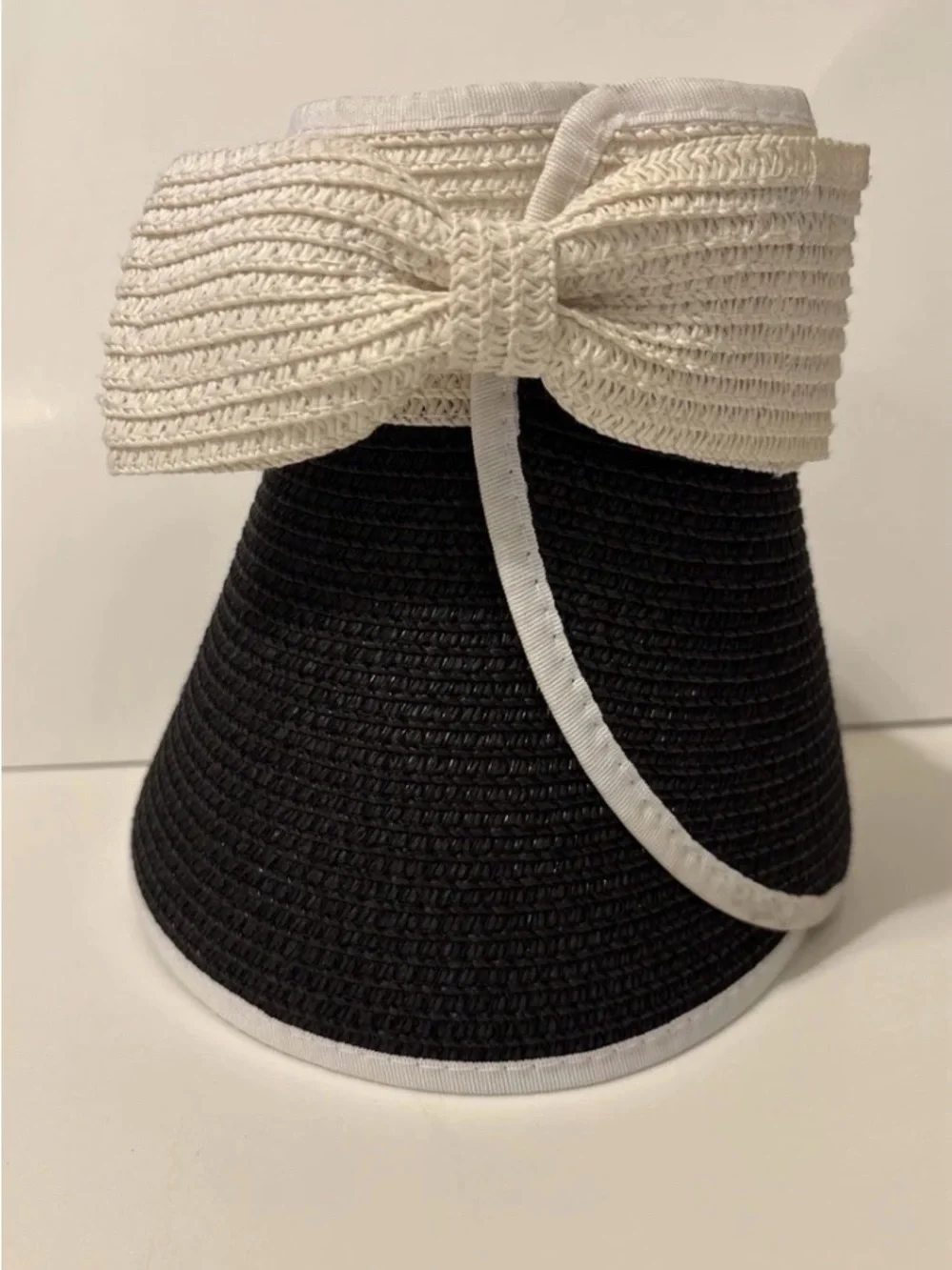 Women’s Black and White Straw Visor Hat with Adjustable Band